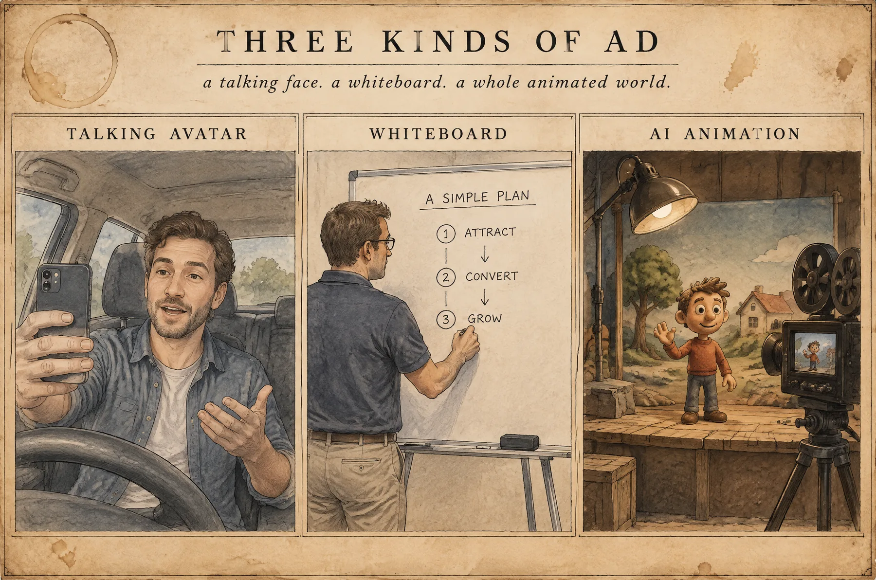 Three kinds of ad: a talking face, a whiteboard, and an animated world