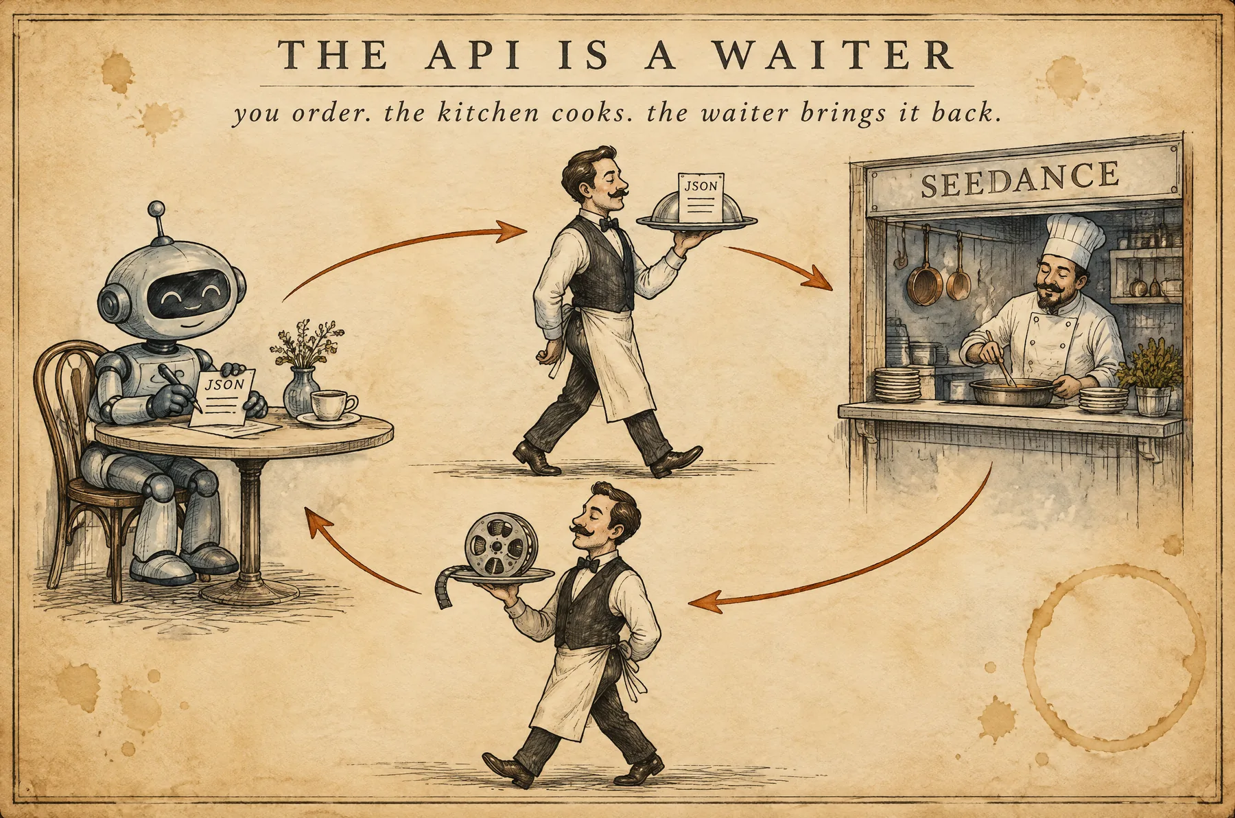 A waiter carries an order ticket from a robot at a table to a kitchen and brings back a film reel