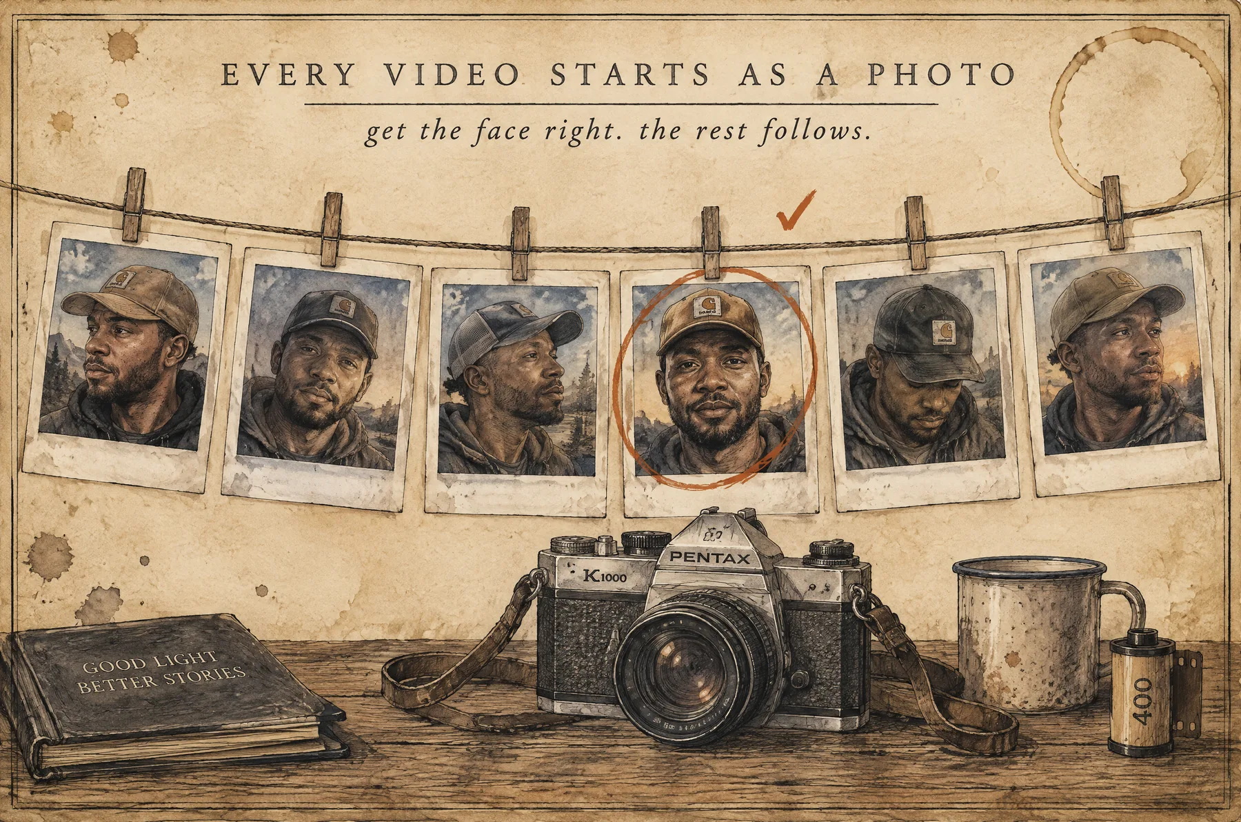 Instant photos of the same man hang on a line, and the best one is circled