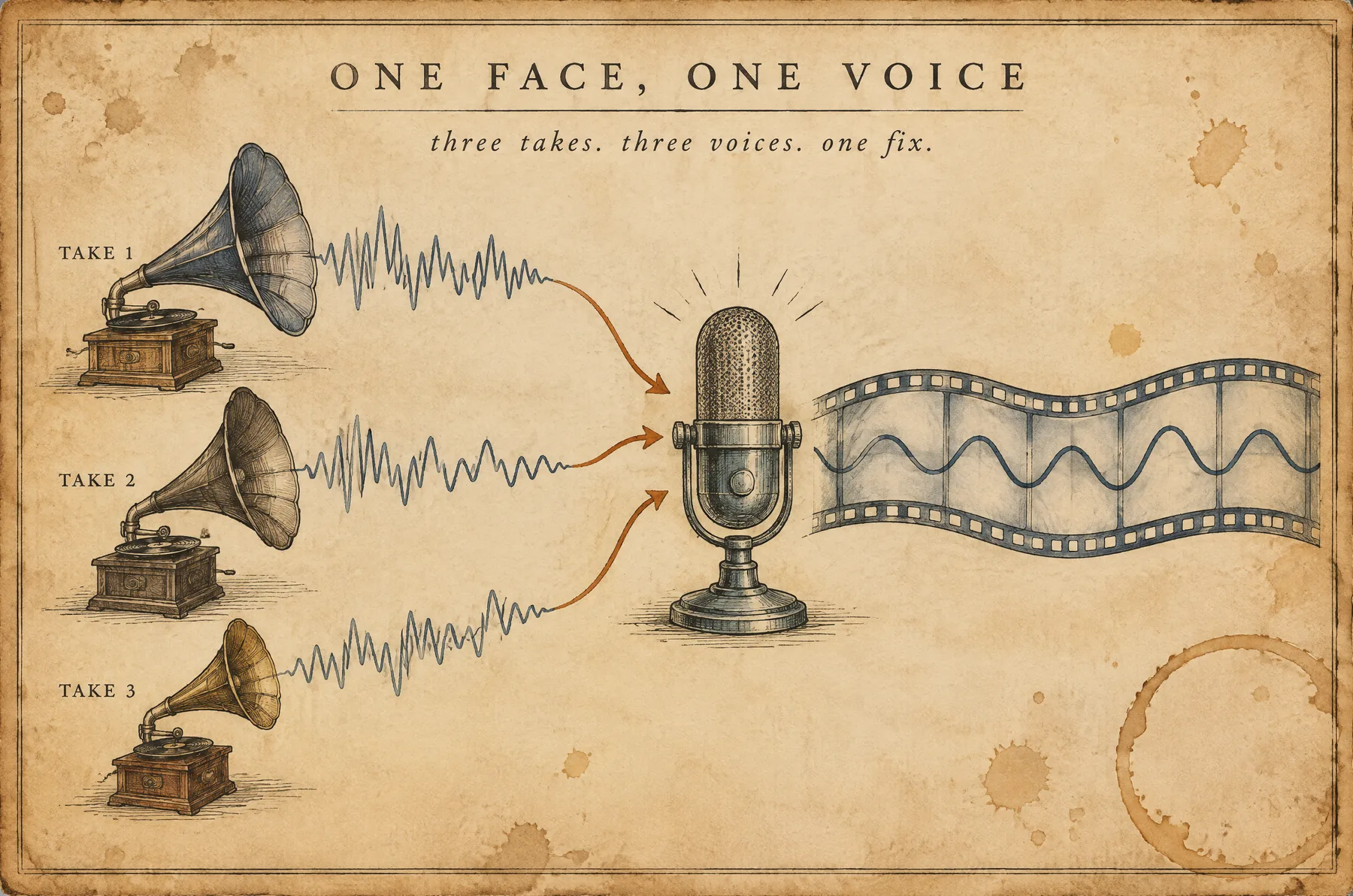 Three gramophones with different sound waves flow into one microphone and come out as one smooth wave