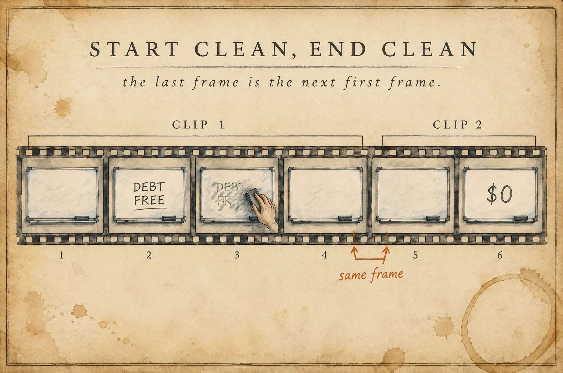 A film strip where the last clean-board frame of clip 1 is the same as the first frame of clip 2