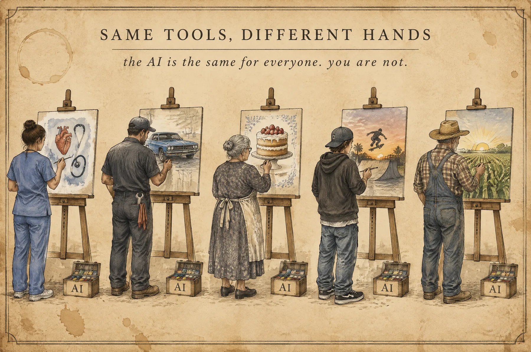 Five different people paint at identical easels with the same AI paint box, and every painting shows their own world