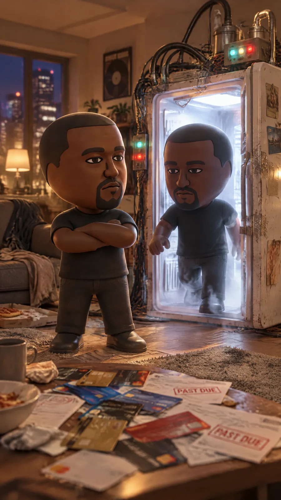 Scene one: a Mii-style Kanye West stands with crossed arms next to a glowing refrigerator cloning machine while an identical clone steps out, credit cards and past-due bills on the table
