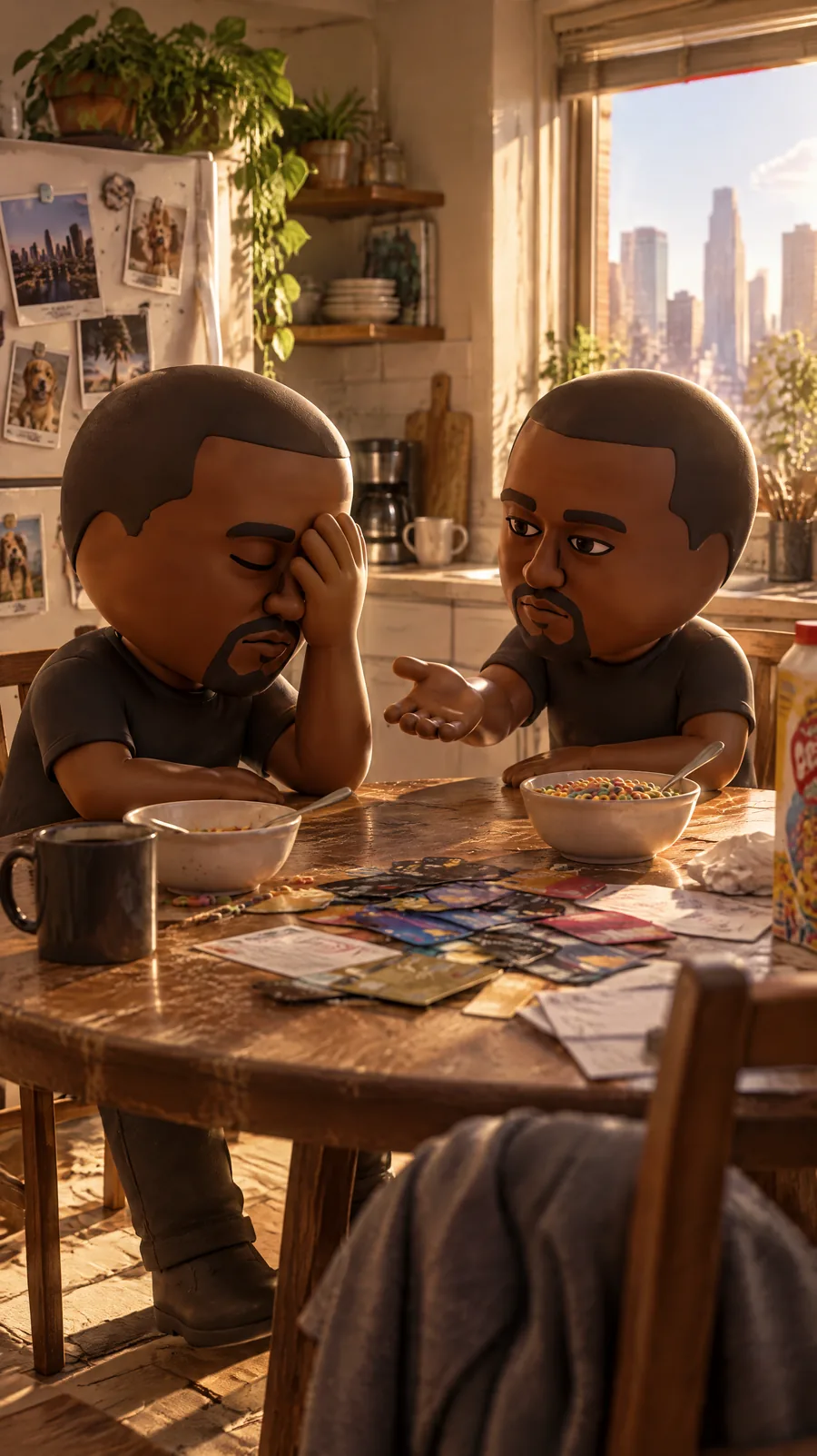 Scene two: the clone holds out an open palm across a kitchen table while the original face-palms