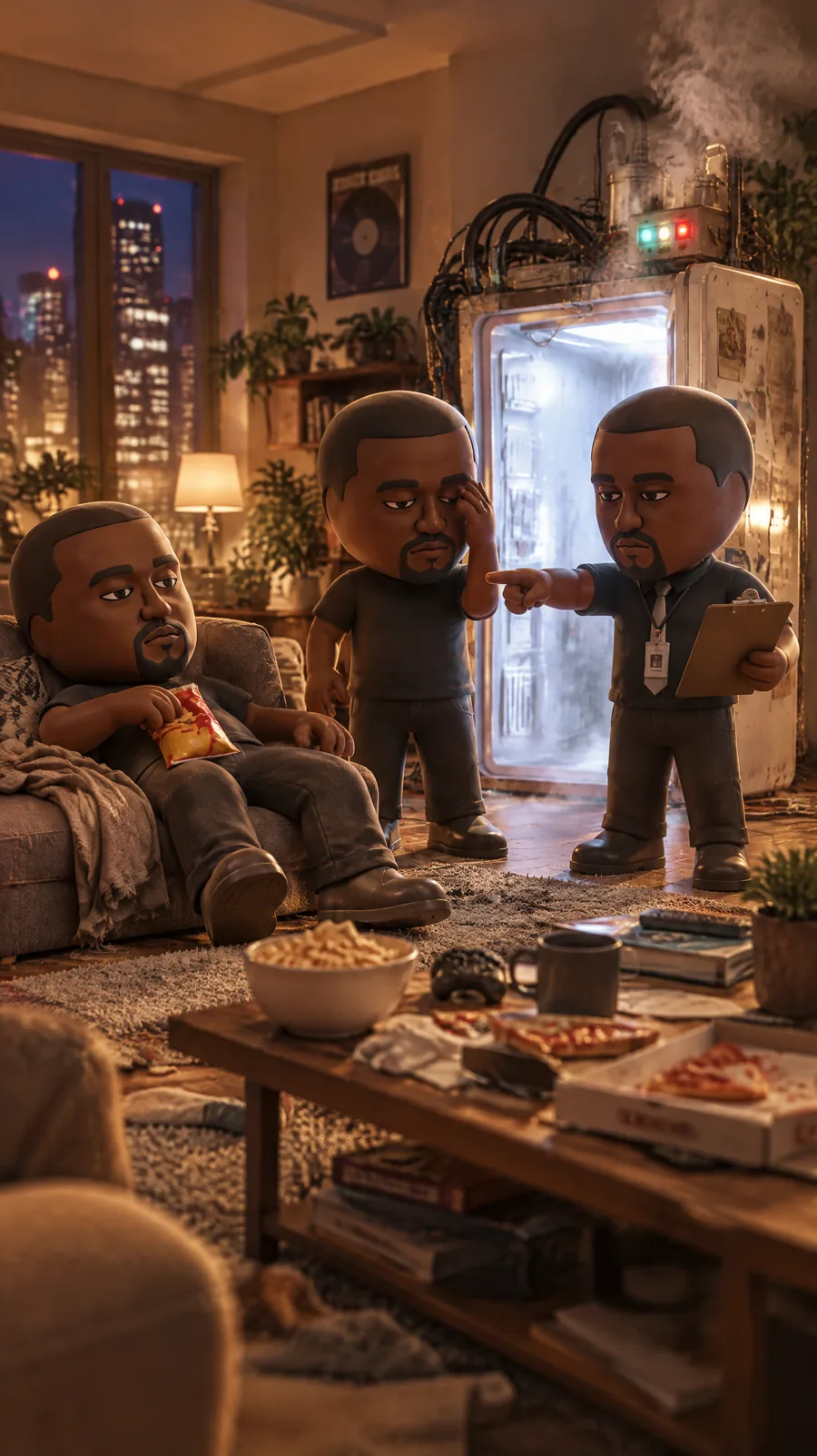 Scene three: three Kanye avatars, the newest in a tie pointing at a slouching clone while the machine smokes