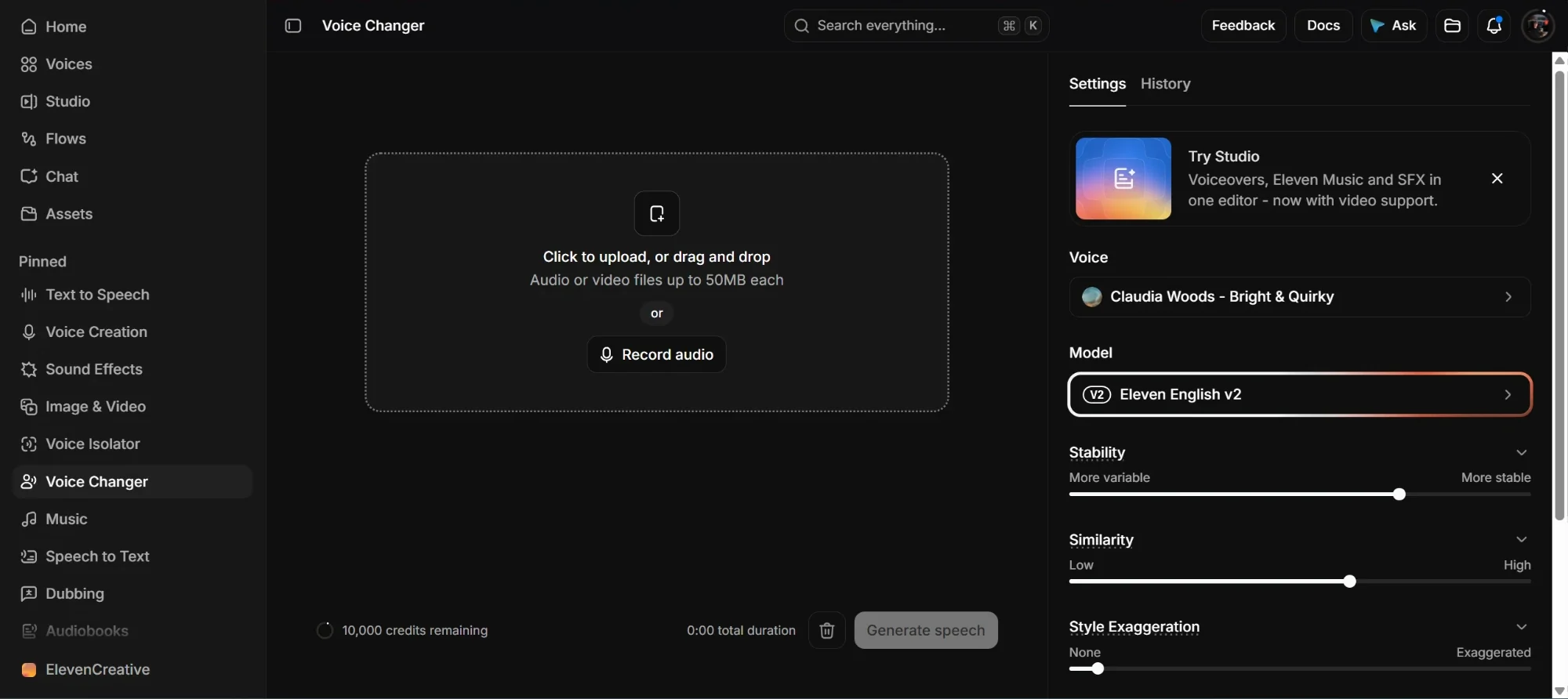 The ElevenLabs Voice Changer screen: the menu on the left, the upload box in the middle, the voice picker on the right and the Generate speech button