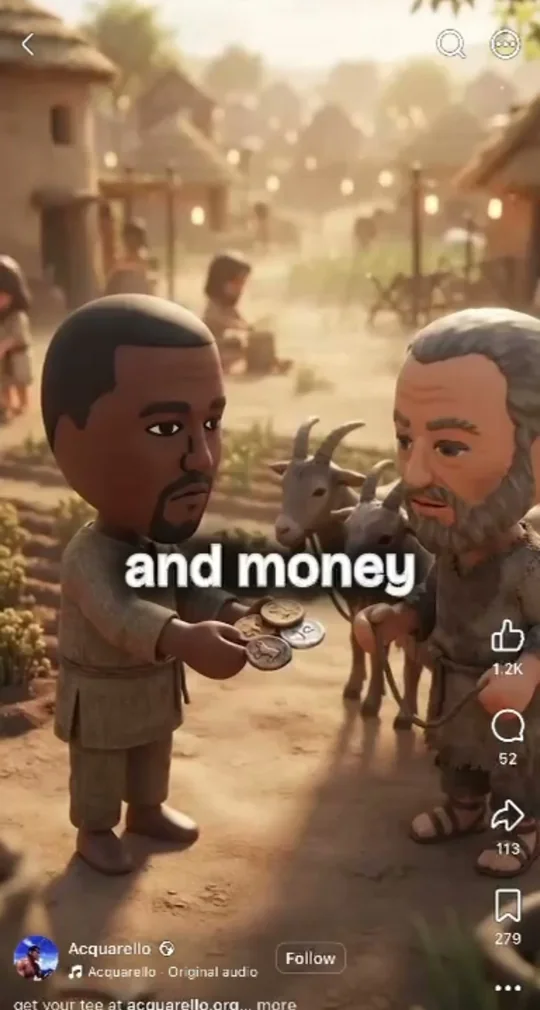 The same frame cropped to just the video: two avatars and a goat in a sunny village