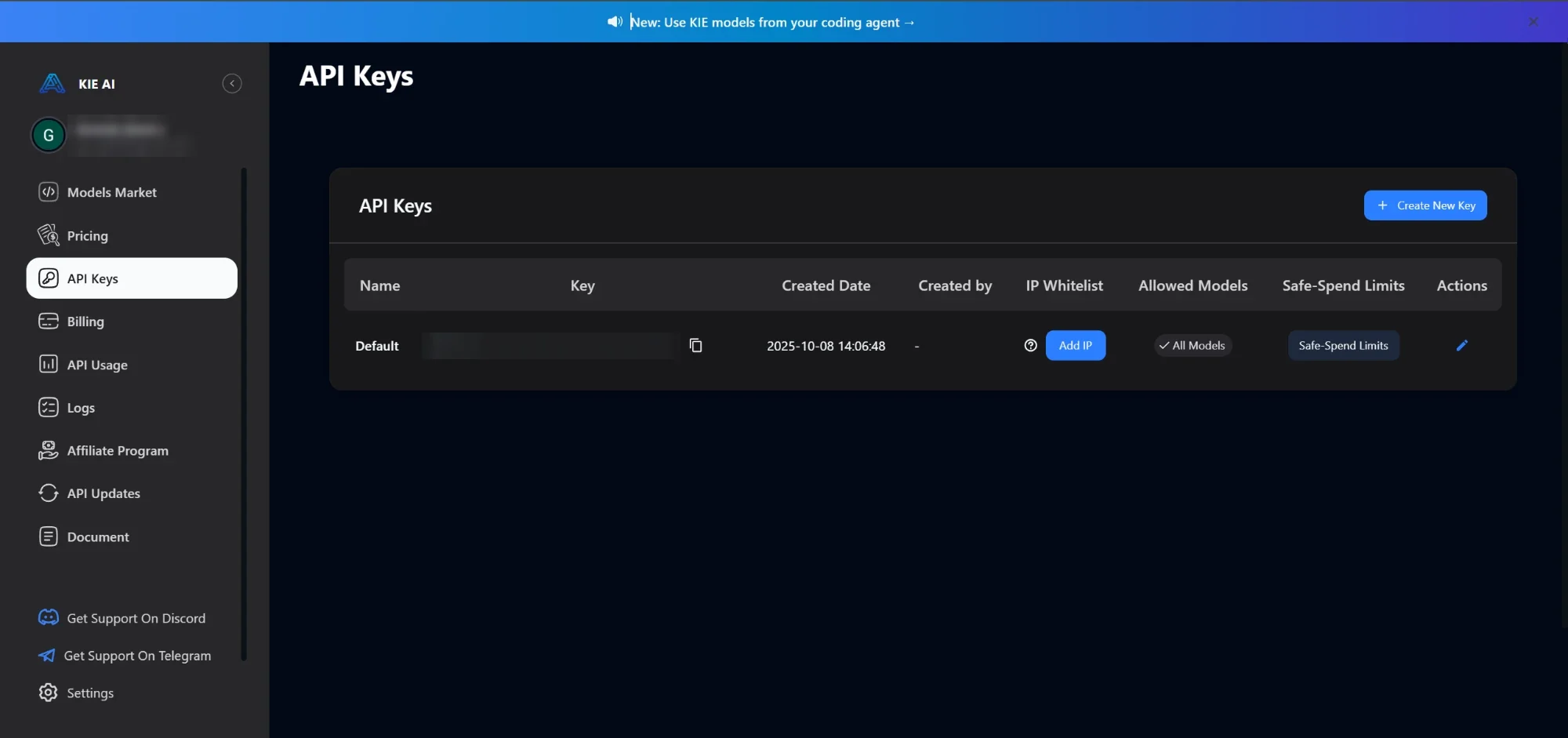 The kie.ai API Keys page, with the API Keys menu item and the Create New Key button
