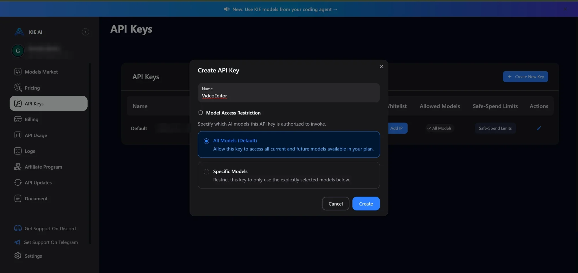 The Create API Key window with a name field, the All Models option and the Create button