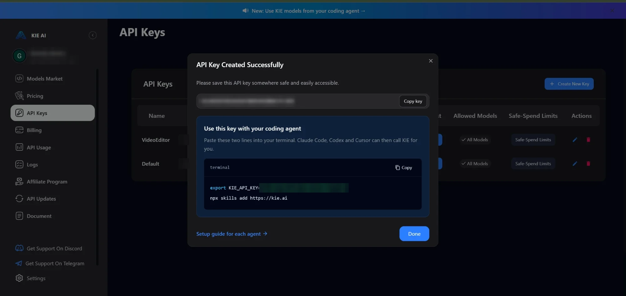 The API Key Created window with the Copy key button and two lines for coding agents. The key is blurred.